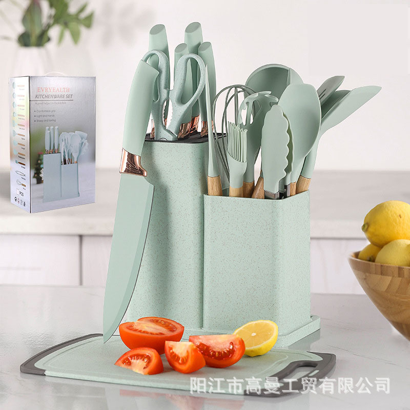 Fábrica de stock de madera de beech mango de silicona 19 piezas de cocina cocina cocina cuchillo de cocina conjunto de cuchillos de cocina