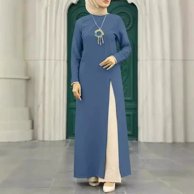 Комплект женской мусульманской одежды 2024 года, из ледяного шелка, с драпированными длинными рукавами, с высоким разрезом по низу, однотонный, элегантный и стильный халат, современный стиль.