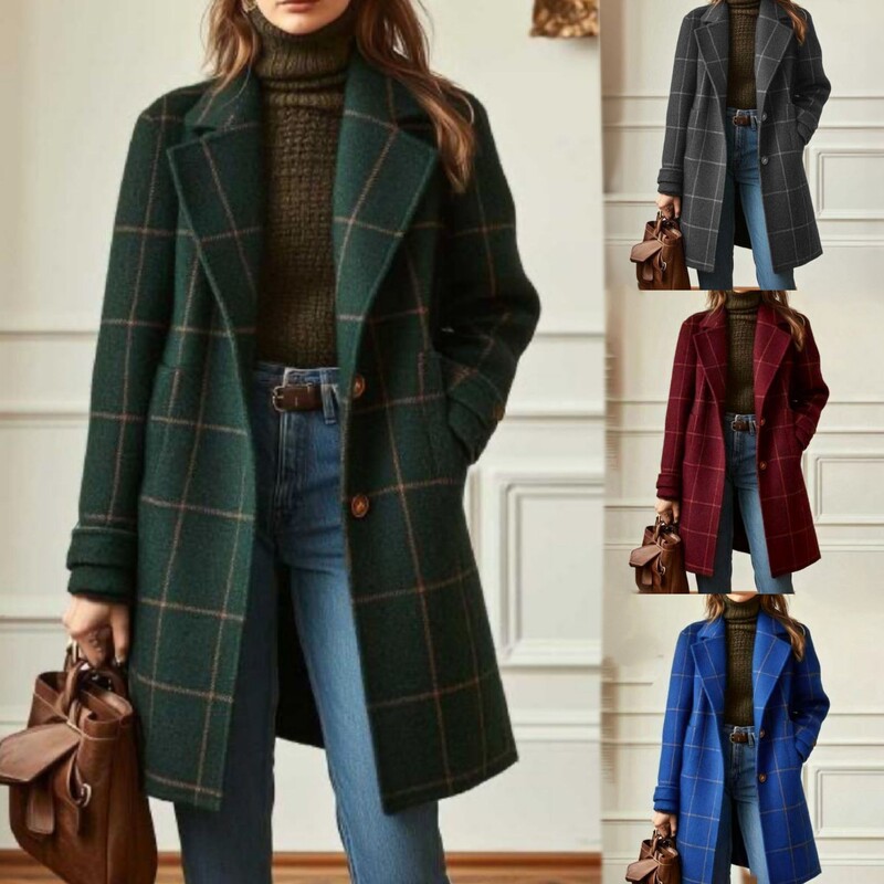 Amazon Cross-Border 2025 European and American Style Retro Plaid Casual Elegant Mid-Length Lapel Coat Women's Woolen Coat