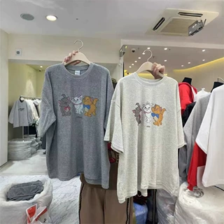 韩国东大门新柔软纯棉毛巾棉料舒适体恤衫卡通印花半袖上衣中长款