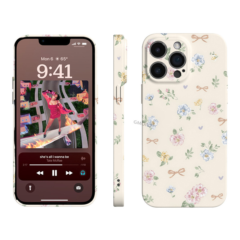 Korean-style, minimalist, light-colored phone case with small floral patterns for iPhone 18 PM, iPhone 16, with a film-like glossy finish