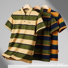 男士夏装新款爸爸装条纹翻领休闲T恤半袖带口袋1688厂家批发包邮