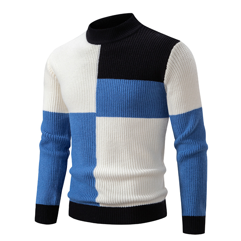 Vintage-Inspired Contrast Color Mock Neck Sweater For Men - Breathable Knit Pullover With Slim Fit, Soft Textured Fabric For Casual Wear_voghion.com