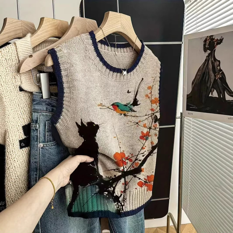 Cross-Border Shein Digital Print New Round Neck Tank Top with Cat Print and Color-Blocking Edges, Sleeveless Knit Top for Women Wholesale Cross-Border Shein Digital Print New Round Neck Tank Top with Cat Print and Color-Blocking Edges, Sleeveless Knit Top for Women Wholesale