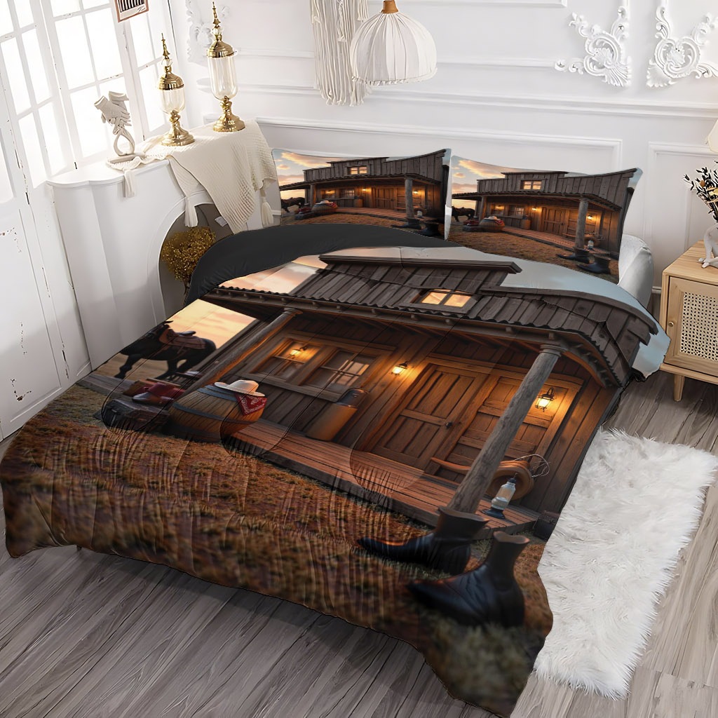 TEMU / JIT transfronterizo cálida casa de madera 3D impresión digital 180gms colcha colcha almohada conjunto de dibujo se puede ajustar