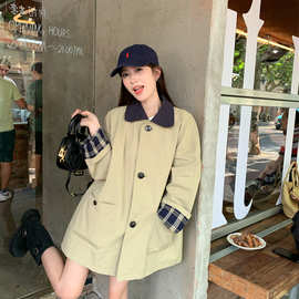 韩系卡其色格子拼接风衣外套女春季2025新款小个子中长款休闲大衣