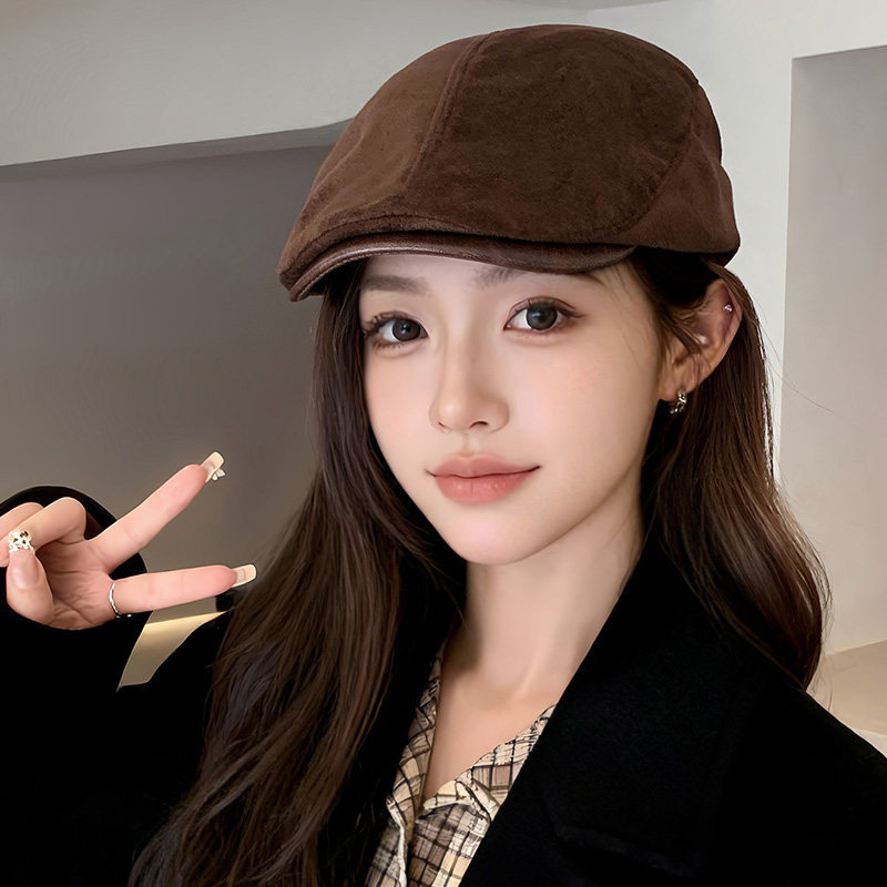 Japanese and Korean style suede duckbill cap for women, versatile, makes the face look smaller, can be worn backwards, beret for autumn and winter, couple's newsboy cap Japanese and Korean style suede duckbill cap for women, versatile, makes the face look smaller, can be worn backwards, beret for autumn and winter, couple's newsboy cap