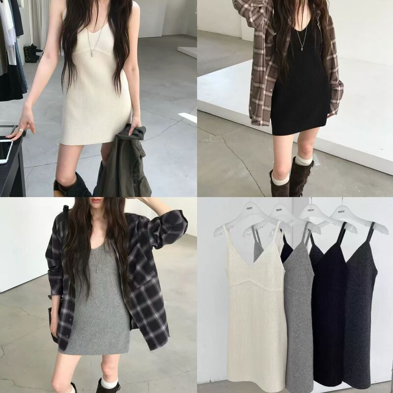 Korean designer nuese knitted camisole dress/plaid shirt Korean women's autumn two-piece set Korean designer nuese knitted camisole dress/plaid shirt Korean women's autumn two-piece set