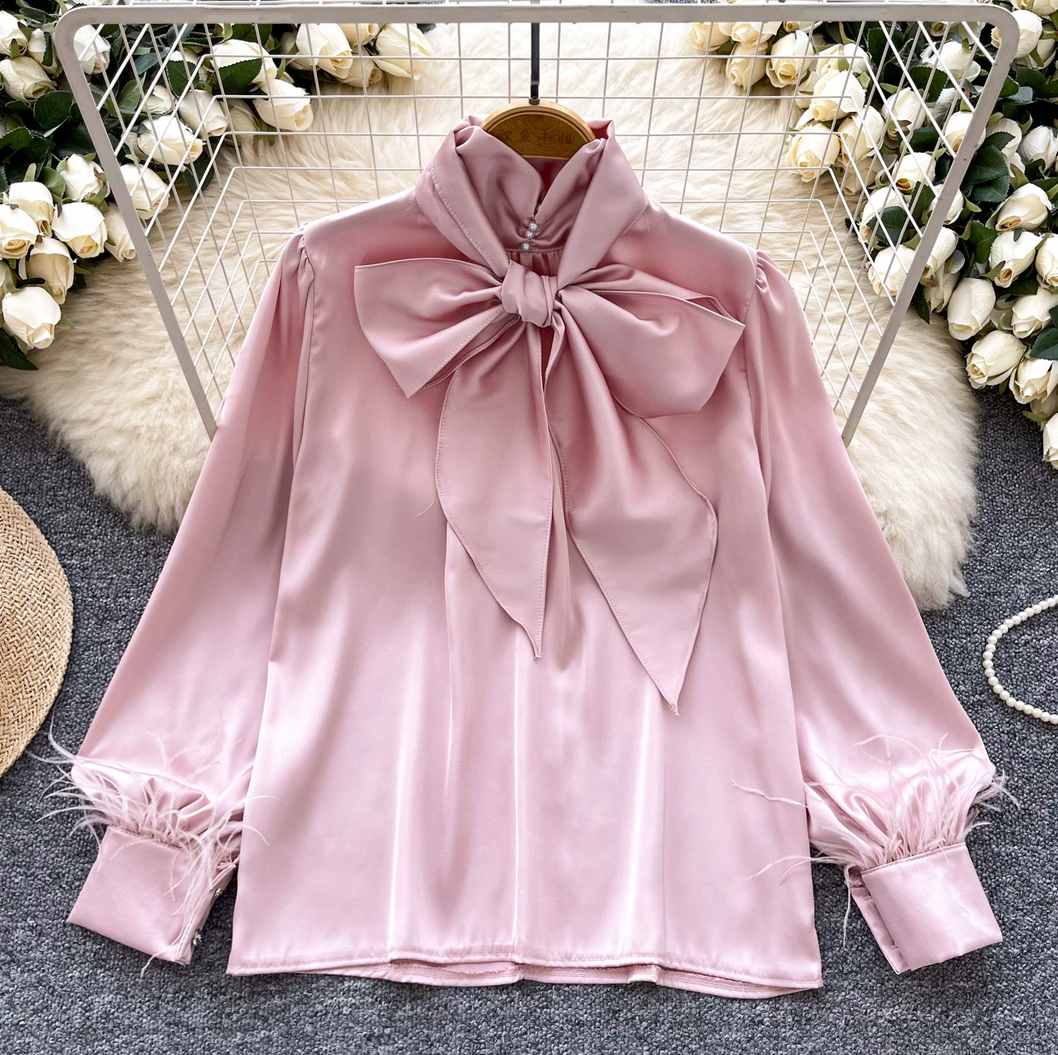 Французский топ женский осенний новый премиум чувство бант с вертикальным воротником с рукавом фонаря тонкая свободная атласная рубашка