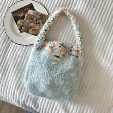 韩版撞色针织毛绒手提包女潮流百搭冬季新款网红ins手机包手拎包