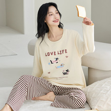 100%纯棉长袖睡衣女春秋季可爱卡通女士学生初中生家居服休闲套装