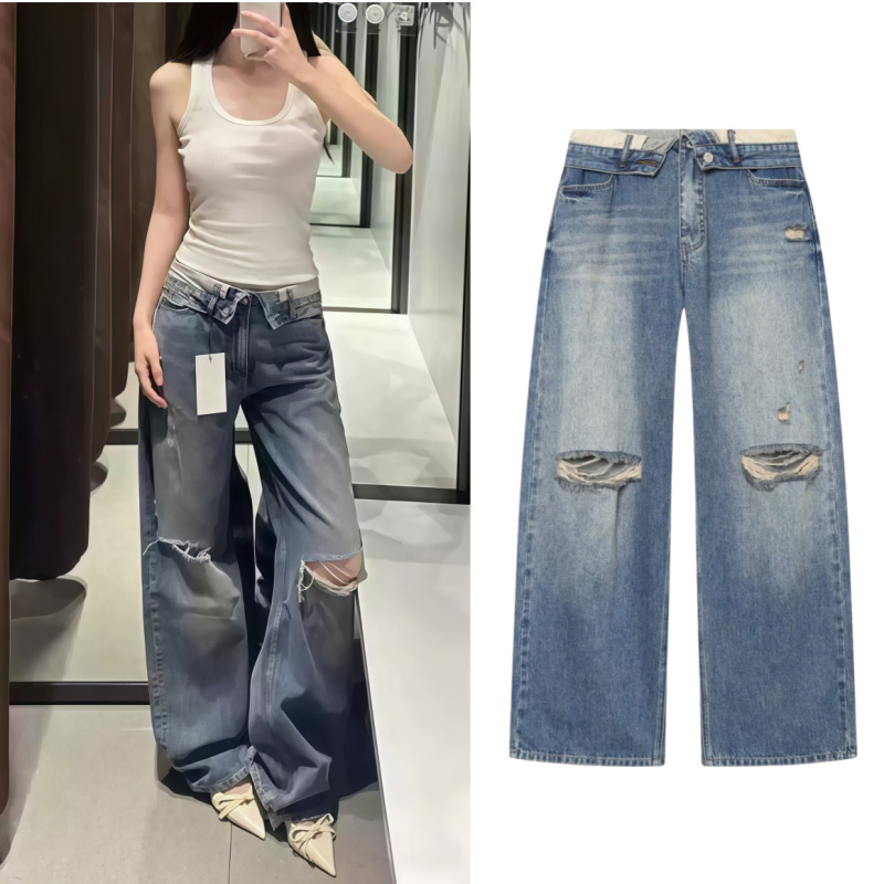 American Casual Boyfriend Style Loose Versatile Ripped Mid-Waist Cuffed Wide-Leg Jeans for Women 6688015 American Casual Boyfriend Style Loose Versatile Ripped Mid-Waist Cuffed Wide-Leg Jeans for Women 6688015