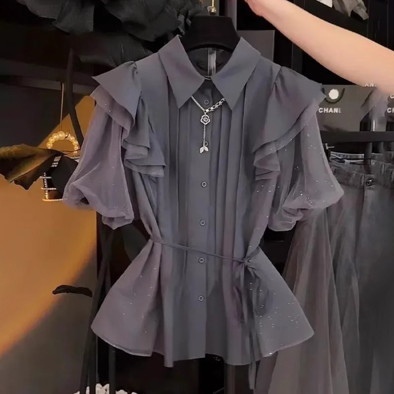 French Unique High-End Shirt, Chic and Beautiful Design, Niche Solid Color Puff Sleeve Shirt Top for Women in Summer