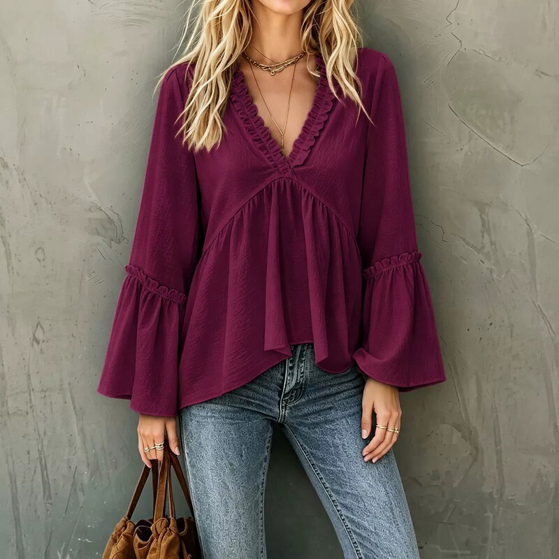 New European and American cross-border Amazon and AliExpress solid color vintage lace V-neck bell-sleeve slimming top shirt