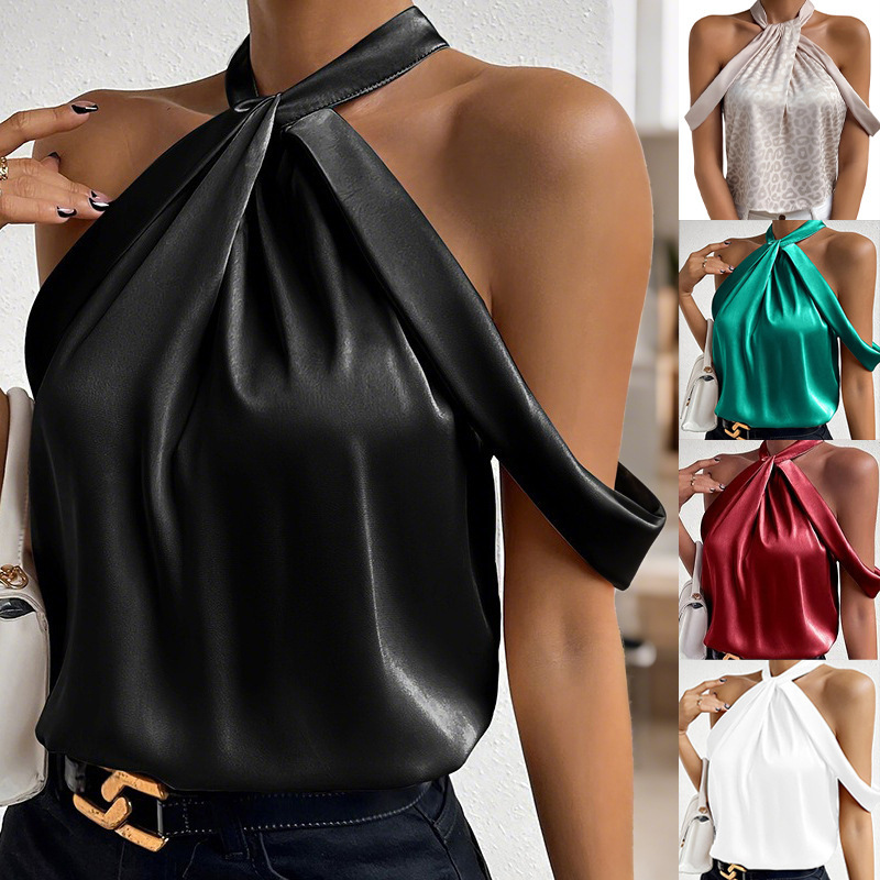European and American Women's Clothing Export High-End Sleeveless Solid Color Niche Design Satin Shirt Women's Halter Neck Imitation Silk Top
