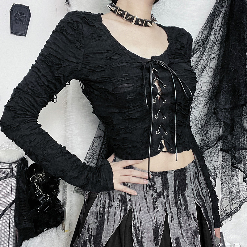 Women's Gothic Ripped Lace Up Long Sleeves Slim Blouse T