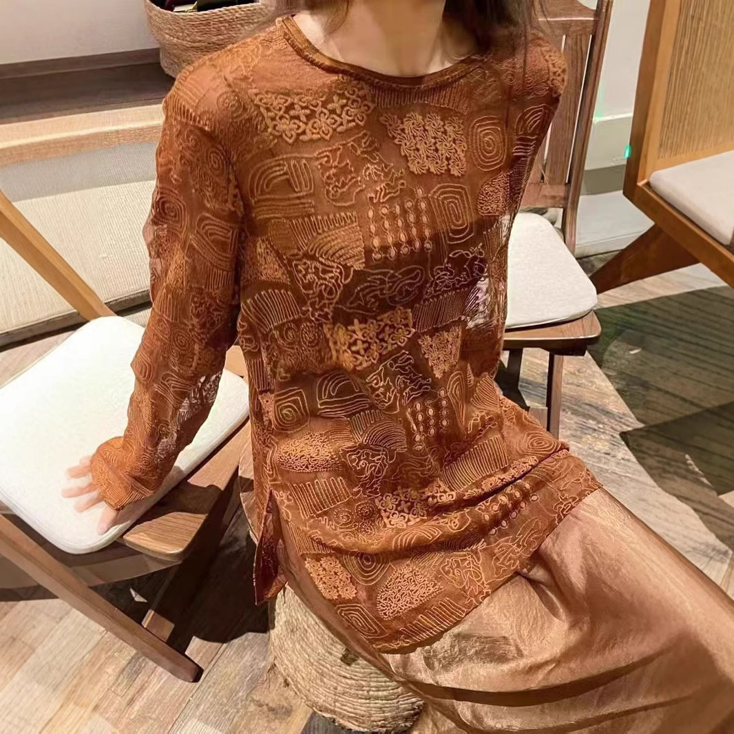 (2개) 2024 년 초가을 새로운 기질 실크 깃털 자수 톱 티셔츠 하이 퀄리티 뽕나무 실크 긴팔 여성용 셔츠