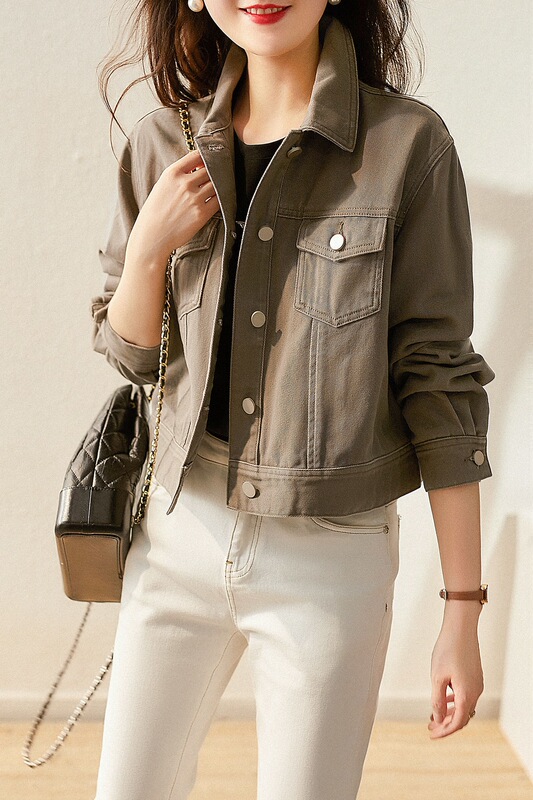 Retro Gray Loose Short Jacket for Small People, Denim Jacket, Spring and Autumn Versatile Casual Top