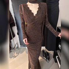 工厂2025秋冬新款韩版时尚V领长袖蕾丝连衣裙+外套两件套装女代发