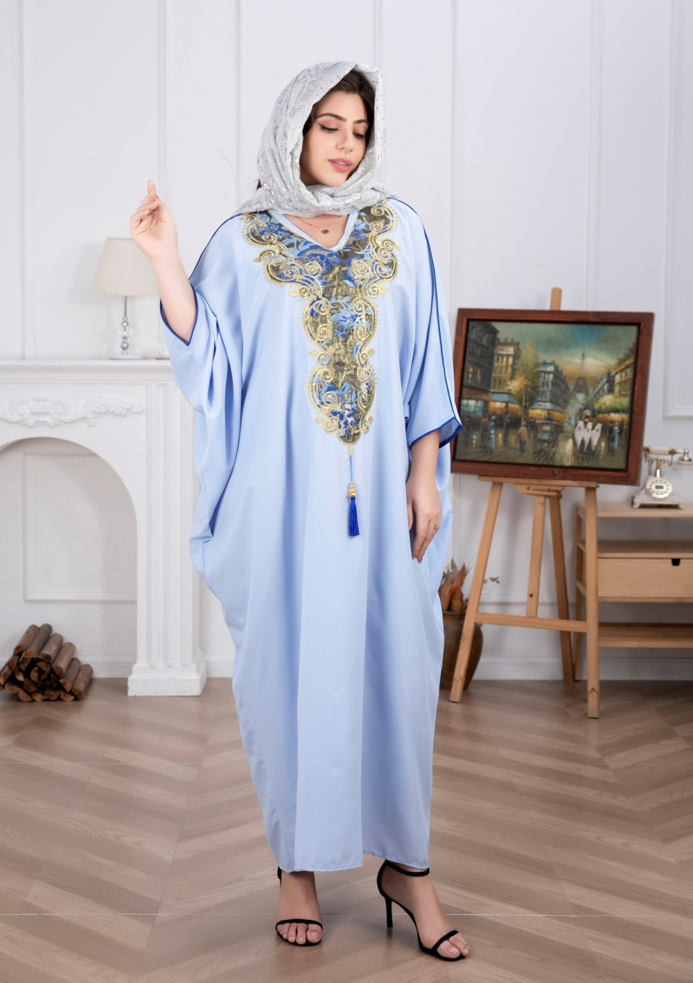 Indonesian-Middle Eastern Cross-border Women's Robe With V-neck, Embroidery, And Tassels, Elegant Arabic Robe,_ecoleips.com