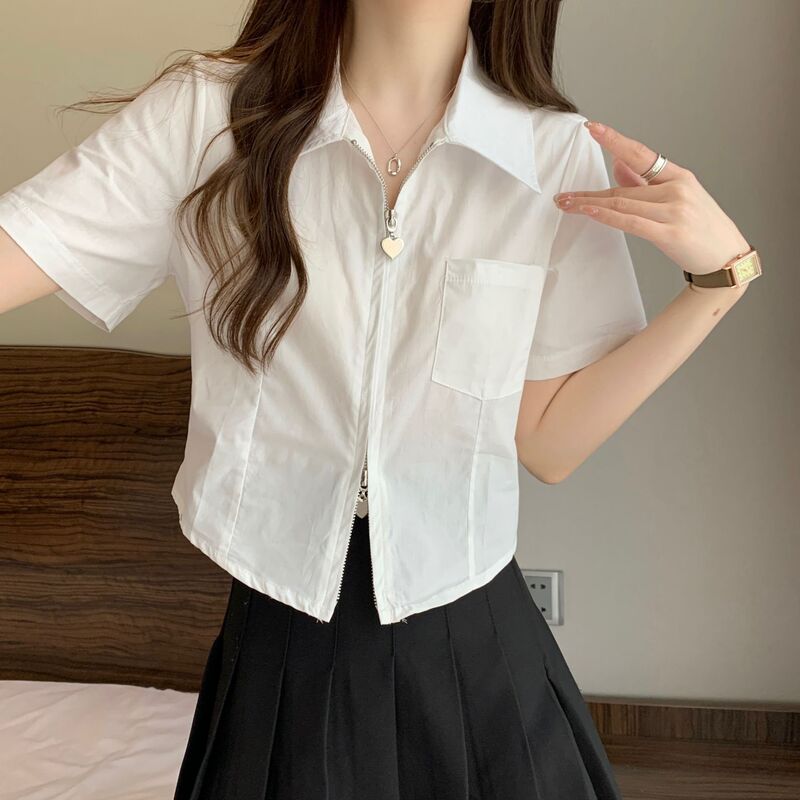Wholesale 2025 Summer New Pure Color Lapel Double-Ended Heart Zipper Design Slim Short-Sleeved Shirt for Women