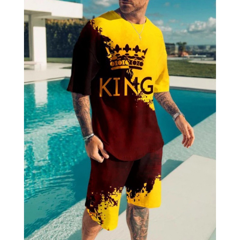 2023 verano transfronterizo camiseta 3D europea y americana manga corta pantalones cortos de dos piezas deportivos casuales para hombres