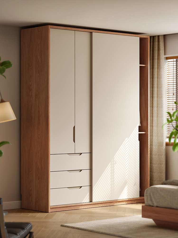 All Solid Wood Sliding Door Wardrobe for Bedroom Simple Cream Style Storage Cabinet Oak Japanese Style Sliding Door Wardrobe