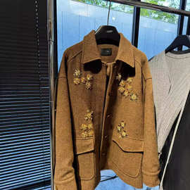 高品质IC家24秋冬新老钱风手工重工钉珠钉钻翻领复古羊毛呢