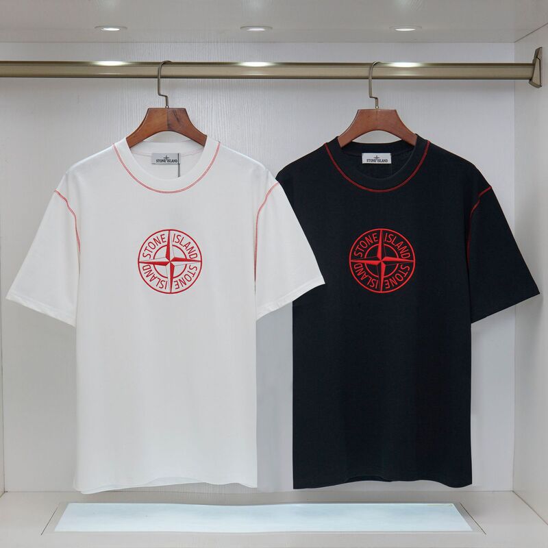 Cross-border trendy brand, new red compass embroidered logo and letter design, Stone creative trim-line T-shirt Cross-border trendy brand, new red compass embroidered logo and letter design, Stone creative trim-line T-shirt