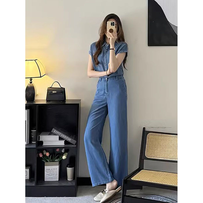 Retro Hong Kong Style Imitation Tencel Shirt Jeans Suit Women's Summer New Fashion Thin Wide Leg Trousers Two-Piece Set