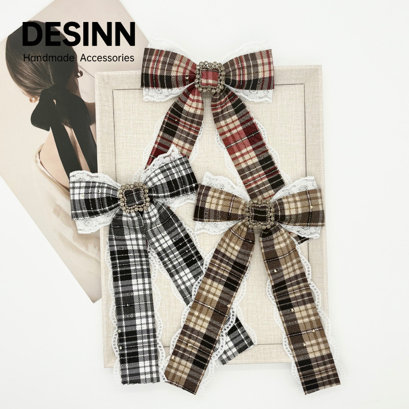 Korean Style Plaid Bow Tie for Women with Rhinestones and Lace, Double-Layered Shirt Accessory with Extension Strap and Pin