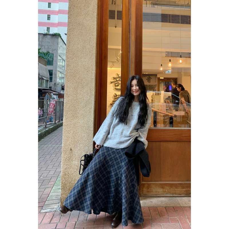 网图 斜纹蓝灰格纹磨毛半身裙女2025新款秋冬加厚中长款A字裙|undefined
