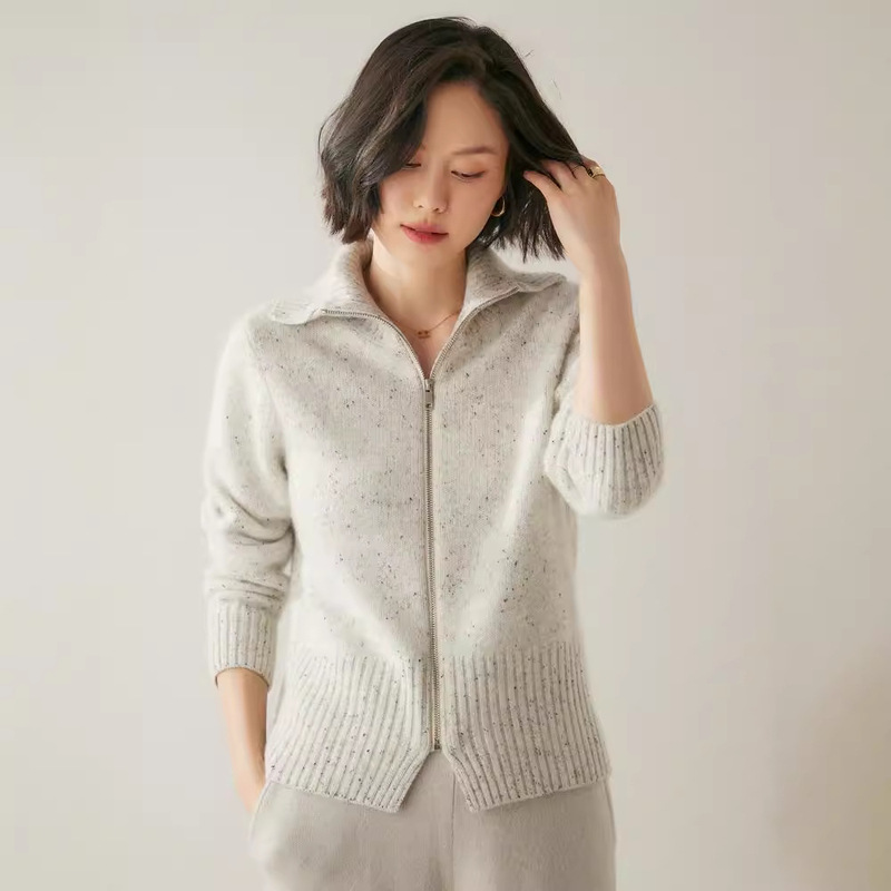 Autumn Style Fragrant Tea Cos Same Style Colorful Yarn Cashmere Zipper Knitted Cardigan Women's Short Lapel Loose Wool Jacket