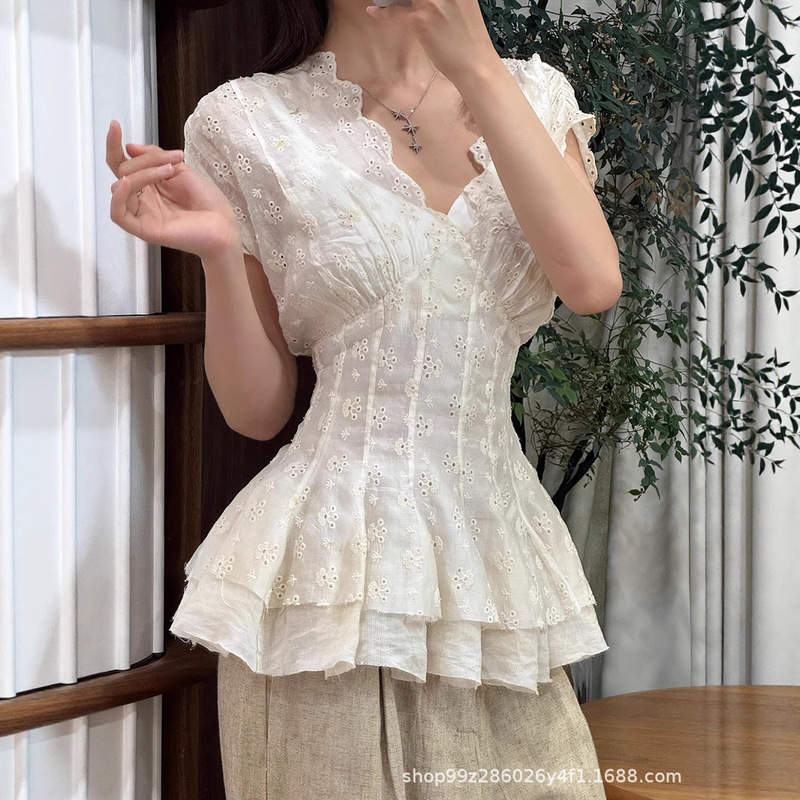 Nanyou Quality Palace-Style Deep V Lace Blouse for Women, 25 New Models, Niche Design, Ruffled Top, V-Neck, Versatile Nanyou Quality Palace-Style Deep V Lace Blouse for Women, 25 New Models, Niche Design, Ruffled Top, V-Neck, Versatile