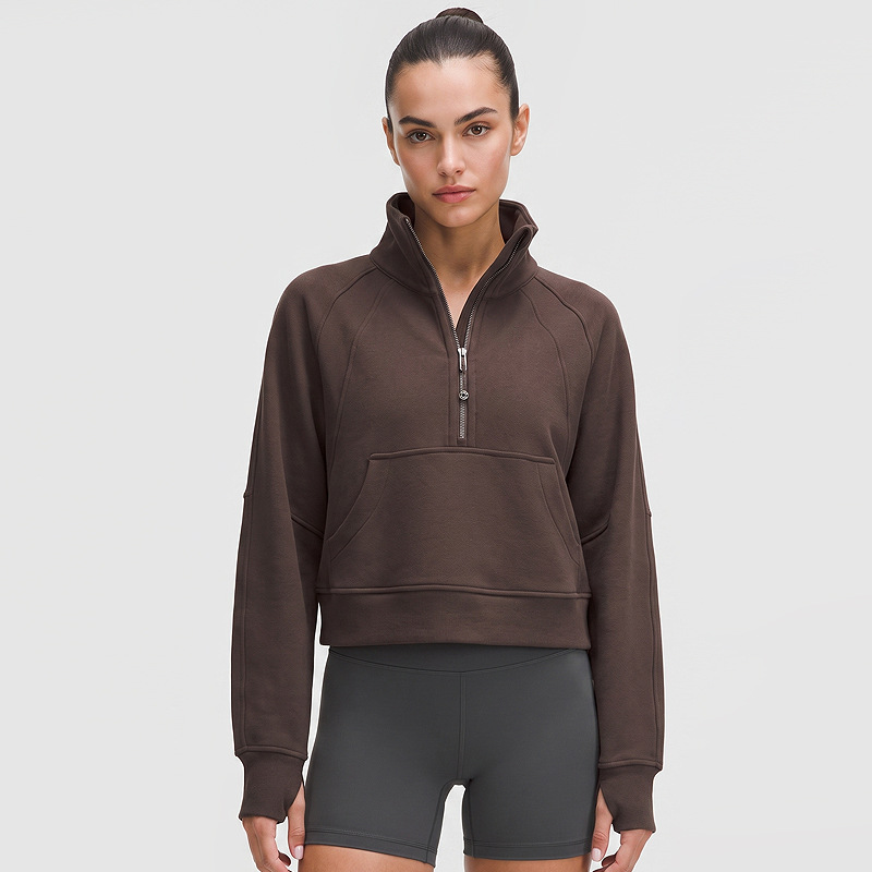 Chaqueta deportiva a prueba de viento para mujeres con camiseta gruesa con cremallera media suelta yoga ropa de ejercicios de algodón camiseta de cuello alto