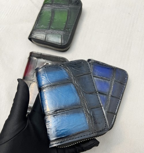 Tarjetero de piel de cocodrilo nuevo al por mayor 2025, unisex, de cuero genuino, con cremallera, tipo acordeón, monedero de piel de cocodrilo, estuche para tarjetas.