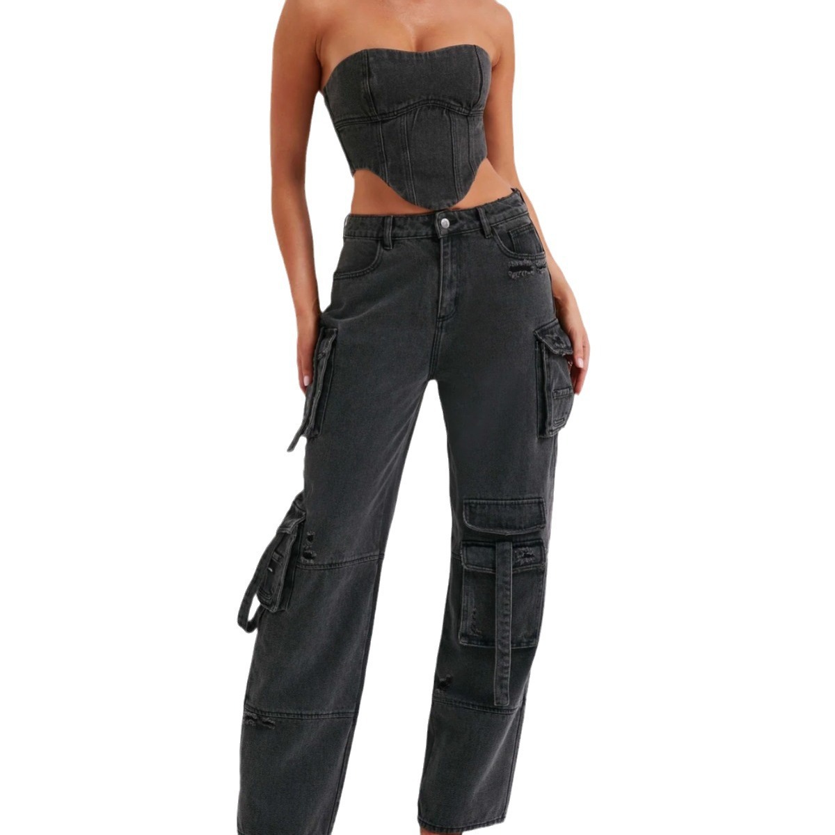 Women's Clothing low waist three dimensional pocket patchwork jeans _voghion.com