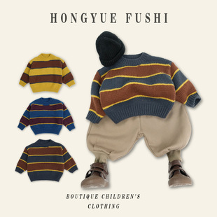 Winter Korean Style Children's Warm Striped Sweater Boys and Girls Classic Soft Waxy Thick Knitted Sweater Baby Mori Style Fashionable Style