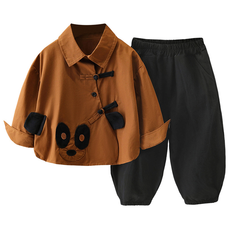 5919 Traje de otoño para niños Camisa de panda de dibujos animados para niños 2025 nuevo traje de dos piezas de celebridades de Internet de primavera y otoño para bebés