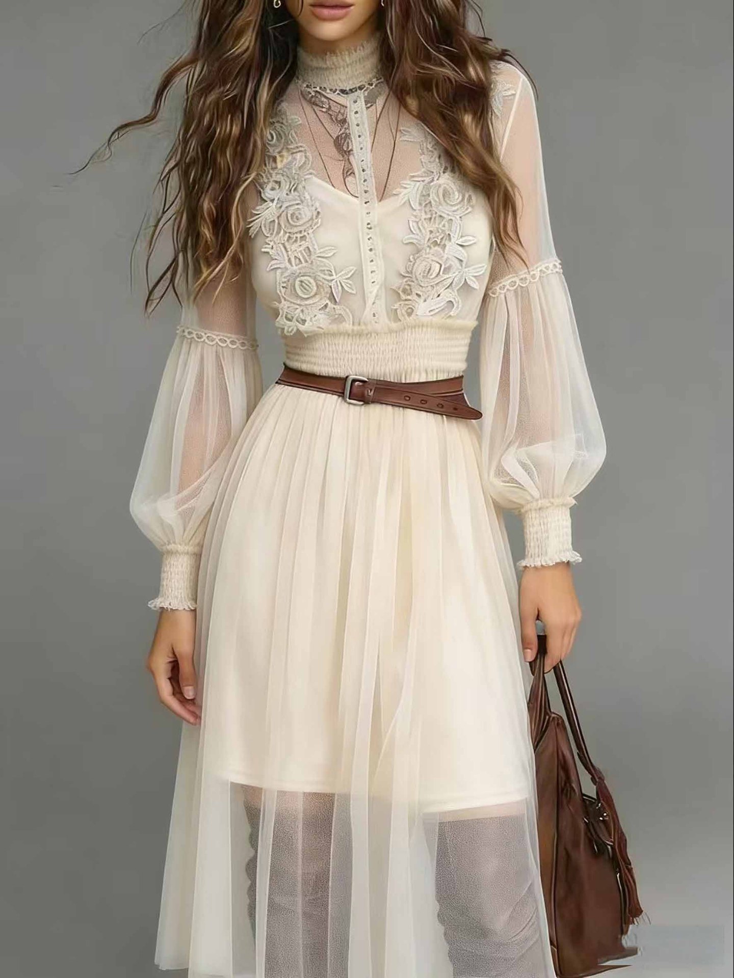 2026 European And American Cross-border Independent Site Western Resort Sheer Lantern Sleeve Lace Appliqué Mesh_ecoleips.com
