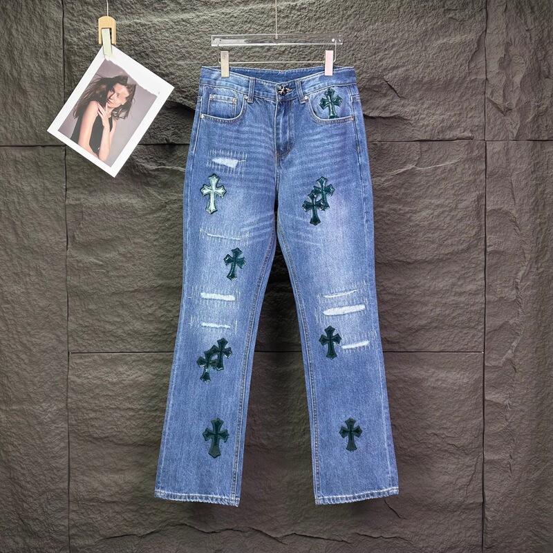 Cross-Border High-End Version of the New Crocs-Style Starry Sky Ripped Cross Patch Leather Couple's Washed Flared Jeans Cross-Border High-End Version of the New Crocs-Style Starry Sky Ripped Cross Patch Leather Couple's Washed Flared Jeans
