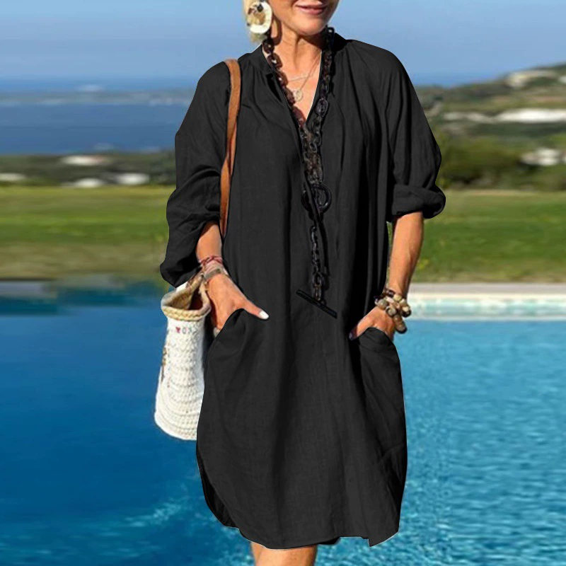 Женское льняное однотонное платье с V-образным вырезом для Европы, Америки и Амазонки, новинка весны 2023