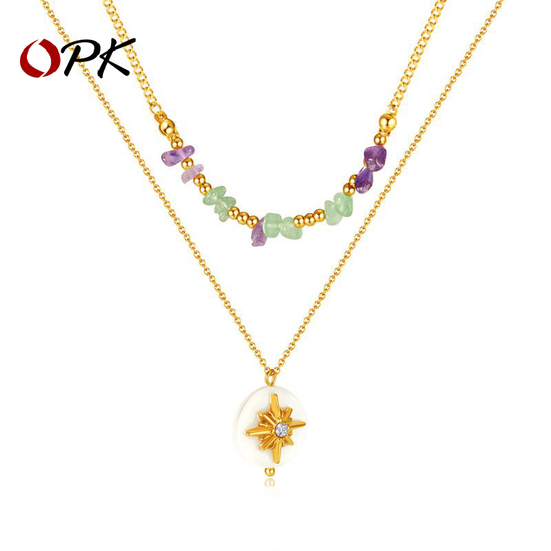 European and American Double Layered Natural Stone Necklace with High Grade Feeling Beimu Octagonal Star Pendant Stainless Steel Necklace for Women_voghion.com