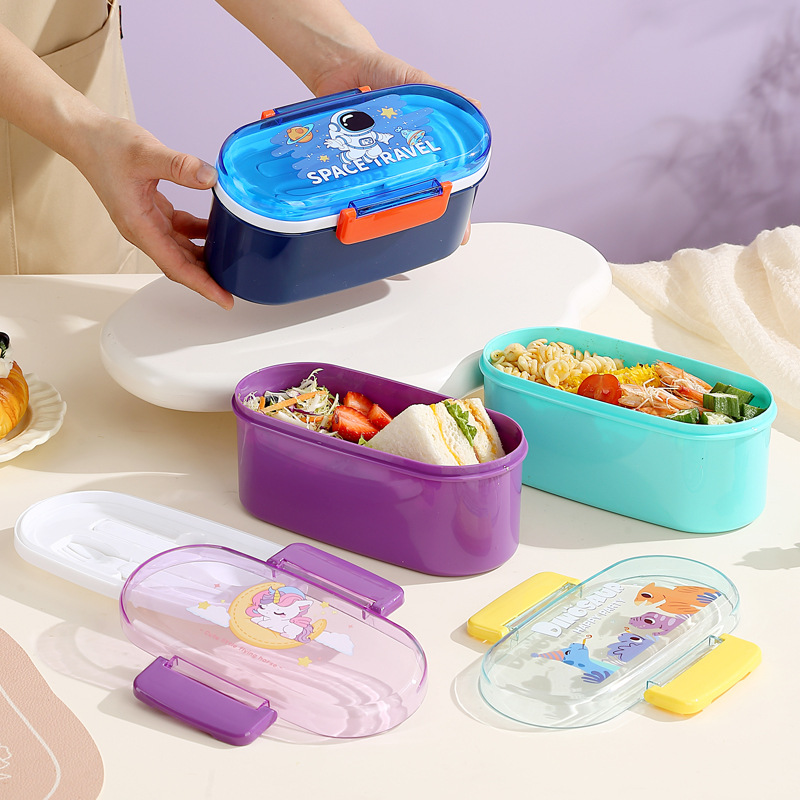 Cross-border single-layer children's lunch box with fork and spoon student lunch box portable outdoor lunch box large capacity can enter the microwave oven
