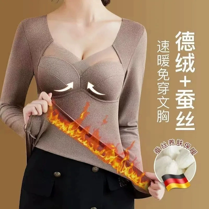 Термобелье для женщин, с флисовой подкладкой и утолщенным базовым слоем, зимний топ с низким вырезом и вставками для груди, утолщенный и теплый.