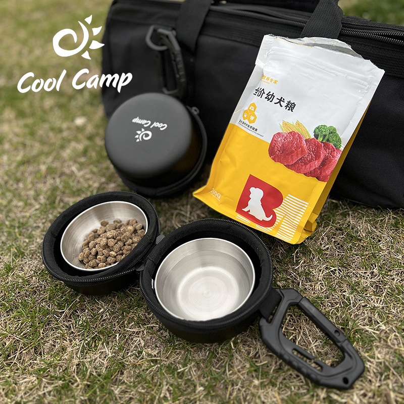 COOLCAMP 야외 휴대용 고양이 그릇 개 분지 식수 공급 스테인레스 스틸 더블 그릇 EVA 빠른 교수형 가방 애완 동물 용품