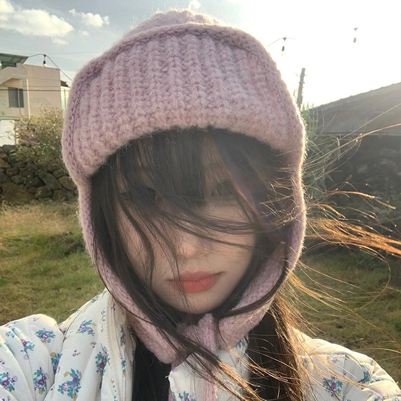 可爱日系新粉色护耳针织毛线帽女生保暖冬季显脸小保暖护耳飞行帽|undefined
