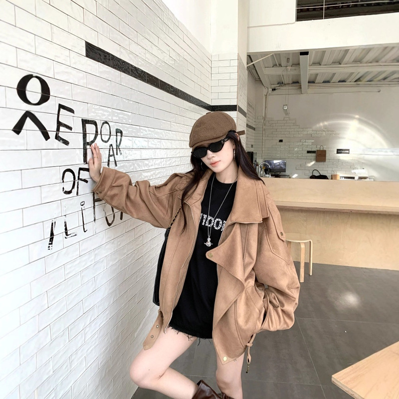 美式复古高级感麂皮绒外套2025秋季新款宽松休闲夹克机车服上衣女|undefined