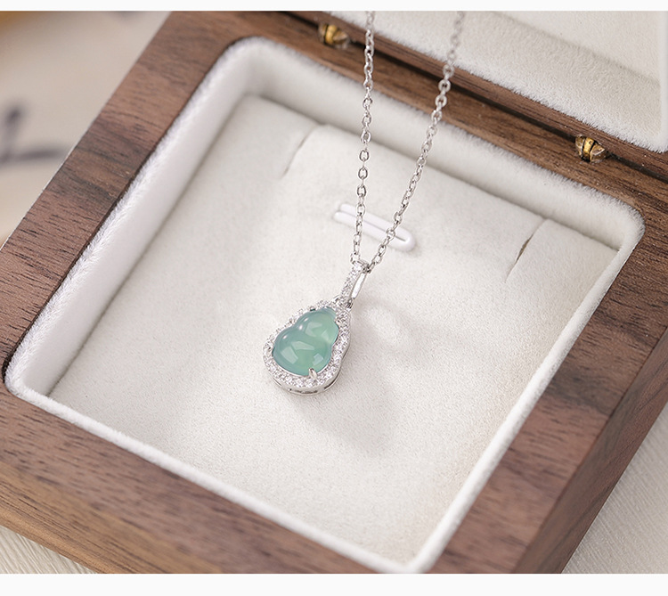 Mặt dây chuyền bạc S925 mạ vàng xanh ngọc bích hình bầu dục phong cách thời trang — Kiểu bạc (không có dây chuyền) chi tiết 4