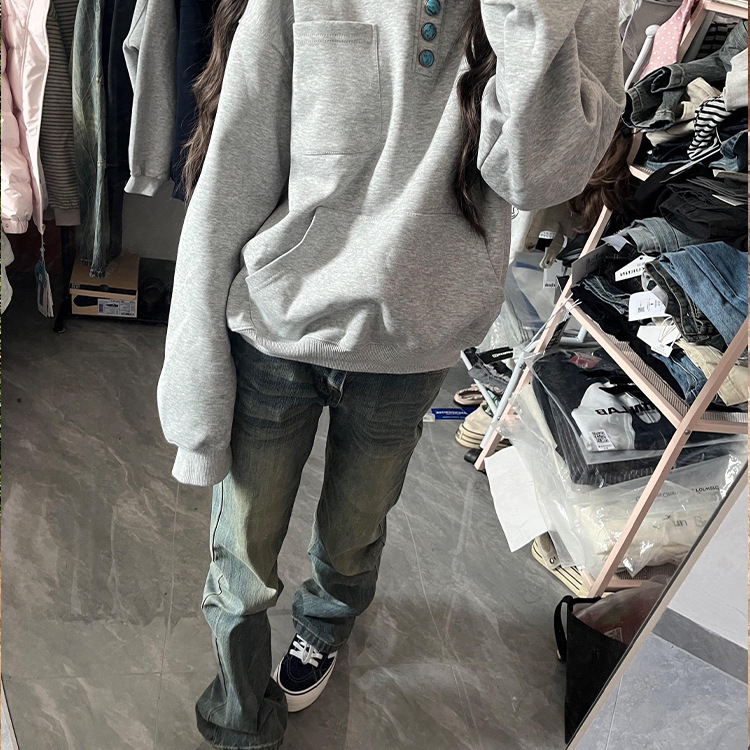 Turquoise Button Hooded Sweatshirt Men's Autumn and Winter American High Street Cleanfit Jacket Heavy Stiff Boxy Hoodie